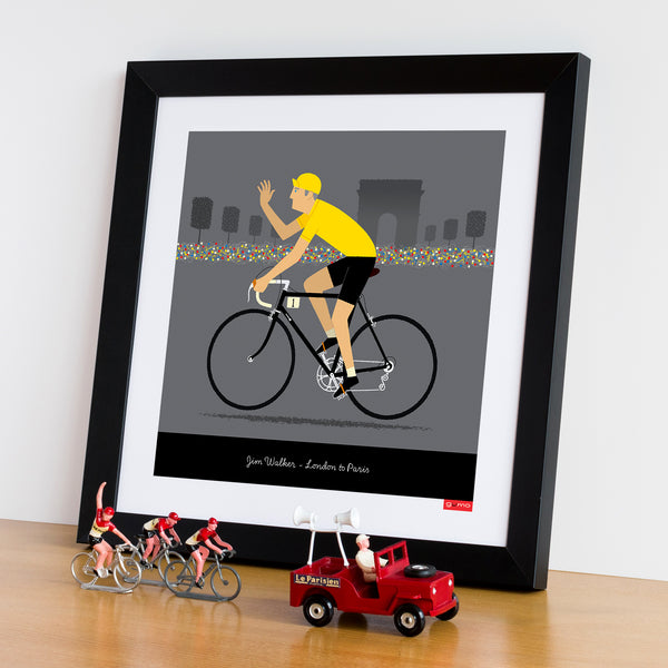 Personalised cycling print, 'Yellow Jersey' with black bike and grey hair option. 30 x 30 cm framed