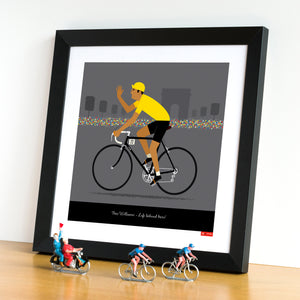 'Personalised cycling print, Yellow Jersey' with tan skin tone option. Size: 30 x 30 cm shown in a black frame, displayed with vintage cycling figures.