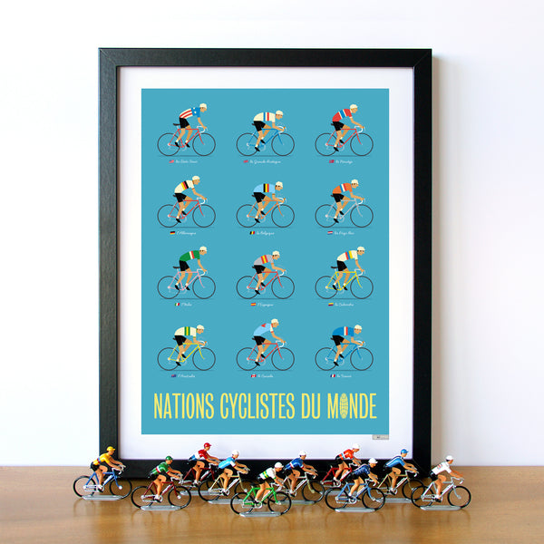 World Road Race Cycling Poster, with a blue background, size 30 x 40 cm, shown in a black frame with vintage cycling figures.