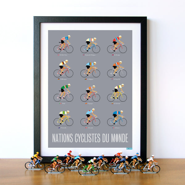 World Road Race Poster, with a grey background, size 30 x 40 cm, shown in a black frame with vintage cycling figures.