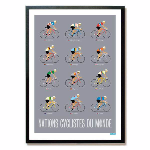 World Road Race Cycling Poster, with grey background, size A2, shown in a black frame
