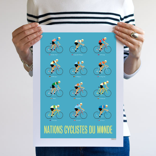 Cyclists of the World Poster, with a blue background, size 30 x 40 cm, unframed