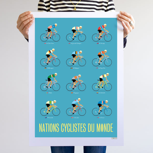 Cyclists of the World Poster, with a blue background, size A2, unframed