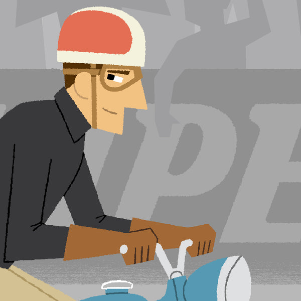 Race Leader personalised cycling print, detail of motorcyclist.