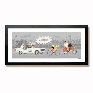 'Personalised Female Cycling Print, Time Trial', shown in a black frame. Size: 50 x 23 cm