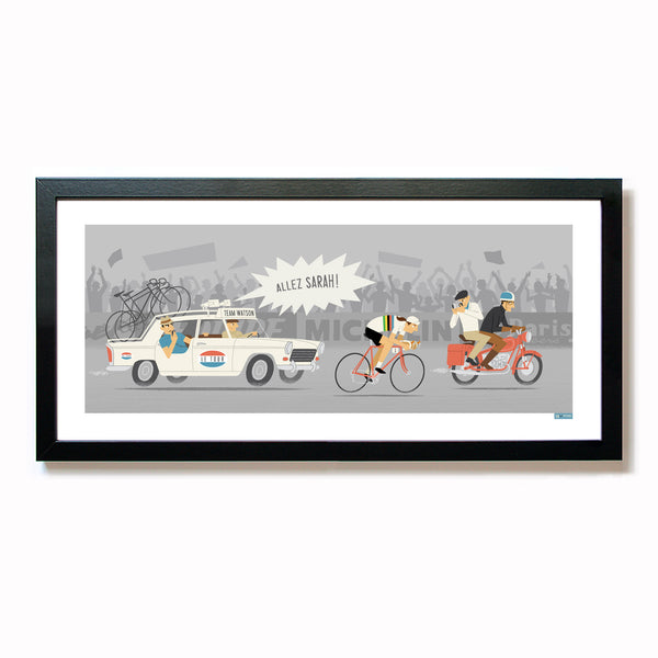 'Personalised Female Cycling Print, Time Trial', shown in a black frame. Size: 50 x 23 cm