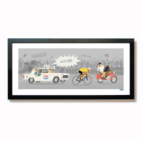 Personalised cycling print,'Time Trial' with tan skin tone and yellow jersey option, in a black frame.