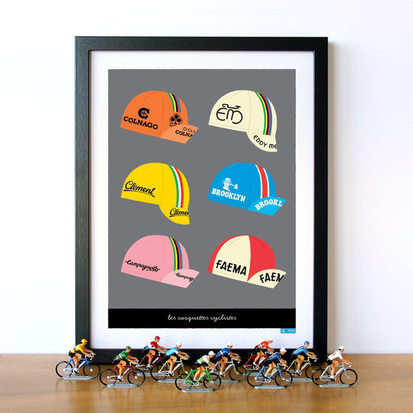 Retro cycling caps poster, with dark grey background, size 30 x 40 cm framed