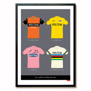 Eddy Merckx retro cycling jerseys poster, framed