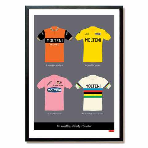 Eddy Merckx Classic Jerseys Poster, framed