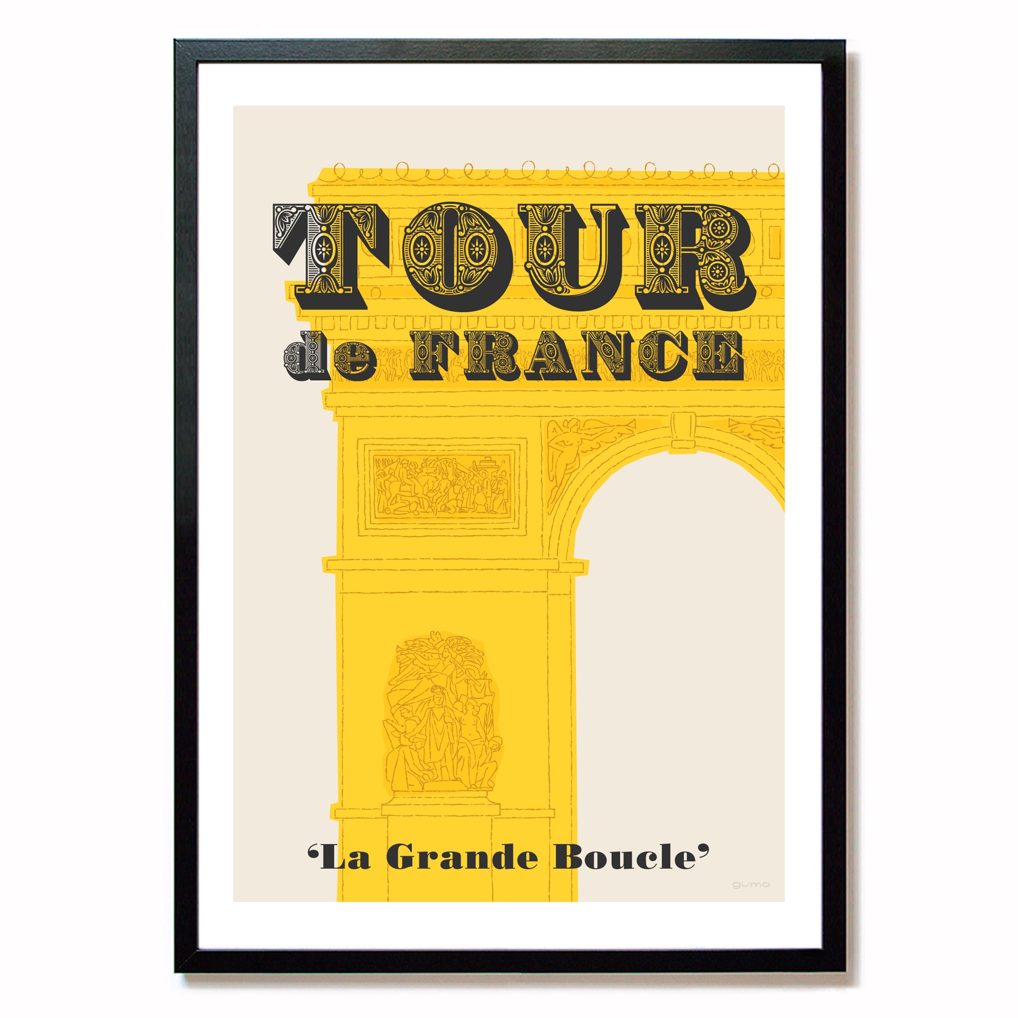 Tour de France poster, Arc de Triomphe, size A2 shown in a black frame