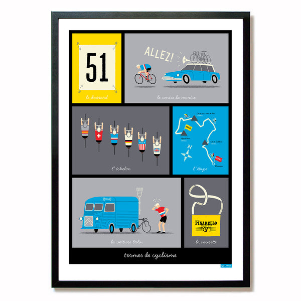French Cycling Terms Poster, blue design in black frame, size: A2