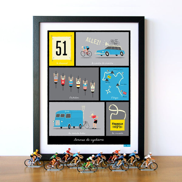 Print featuring illustrations of typical French cycling terms, displayed with die cast cyclist figures