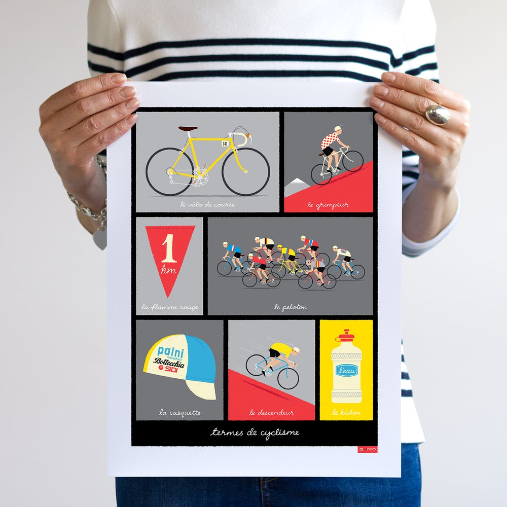 Unframed cycling print, featuring illustrations of typical French cycling terms, size shown 30 x 40cm