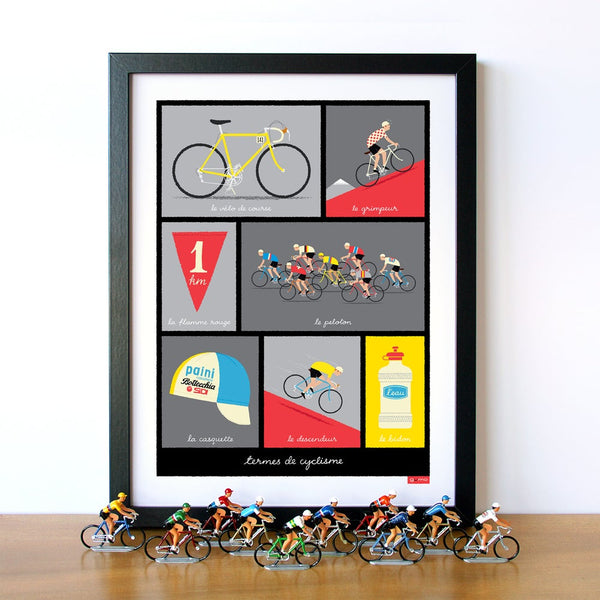 Framed cycling print, illustrating typical French cycling terminology, shown with die cast cyclist figures