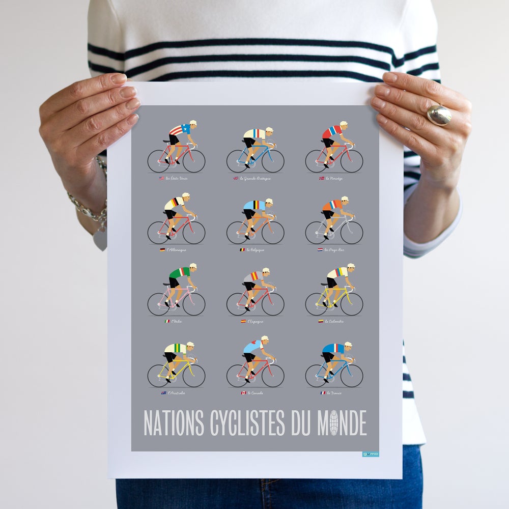Cyclists of the World Poster, with a grey background, size 30 x 40 cm, unframed