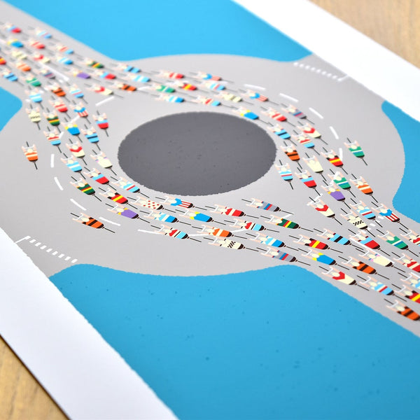 Detail of Peloton Roundabout cycling print. Mid century blue.