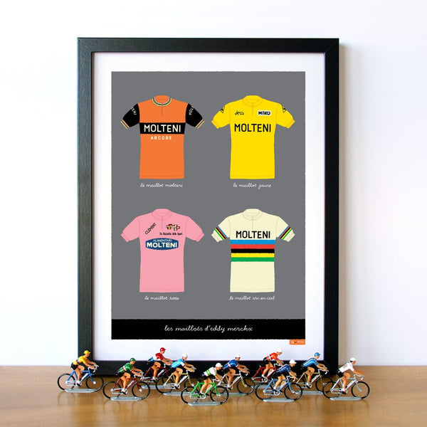 Eddy Merckx Classic Jerseys print  framed. Displayed with die cast miniature cyclist figures
