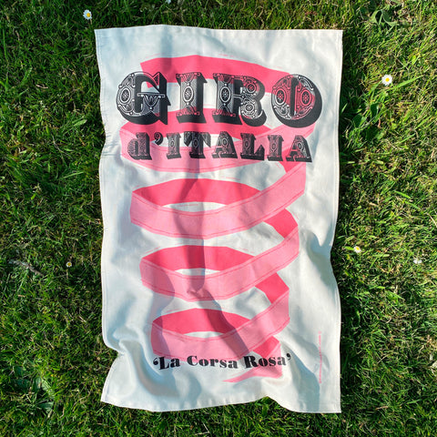 Cycling Grand Tour natural cotton tea towel, Giro d'Italia, on grass