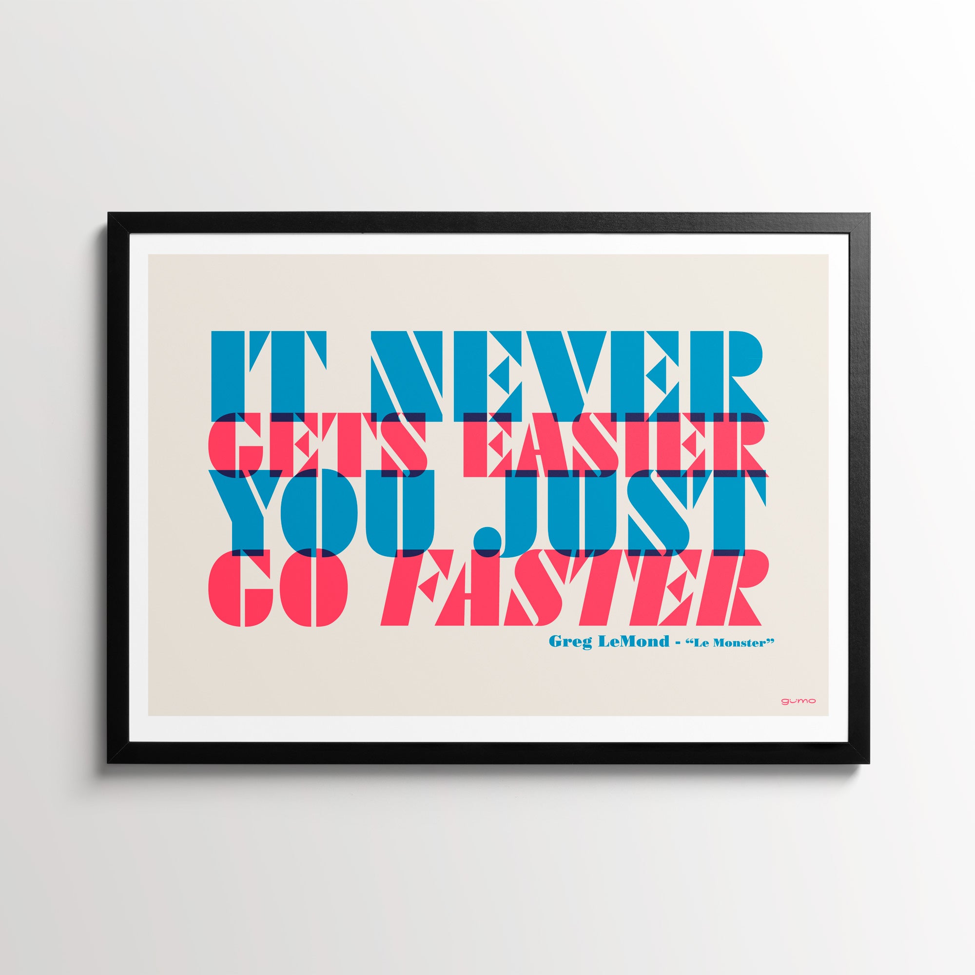 Cycling Quotes Print, Greg LeMond "It never gets easier you just go faster", with a black frame