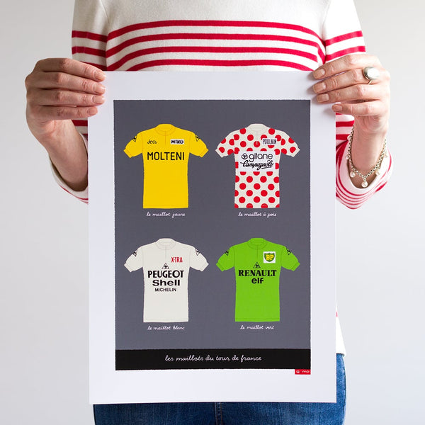 Poster featuring four classic jerseys of the Tour de France. Size 30 x 40cm unframed