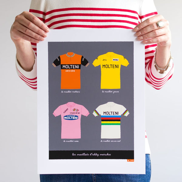 Eddy Merckx Classic Jerseys print. Size: 30 x 40 cm unframed
