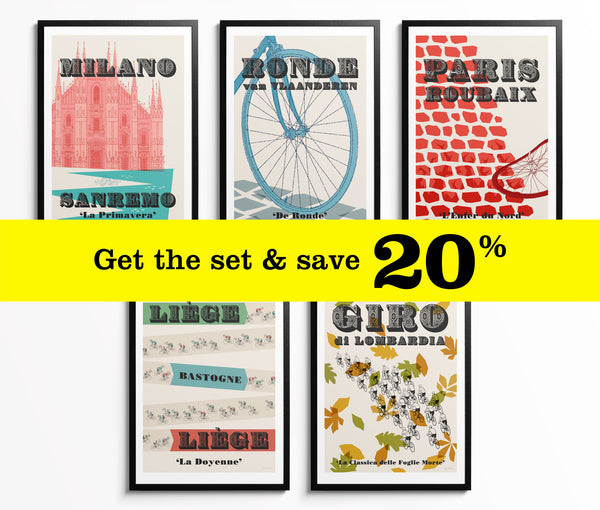 Set of Five Cycling Monuments Art Prints, Featuring 20% Discount Promotion