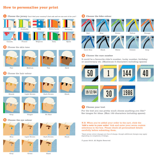 info graphic showing different options on how to personalised your National Team Jersey cycling print