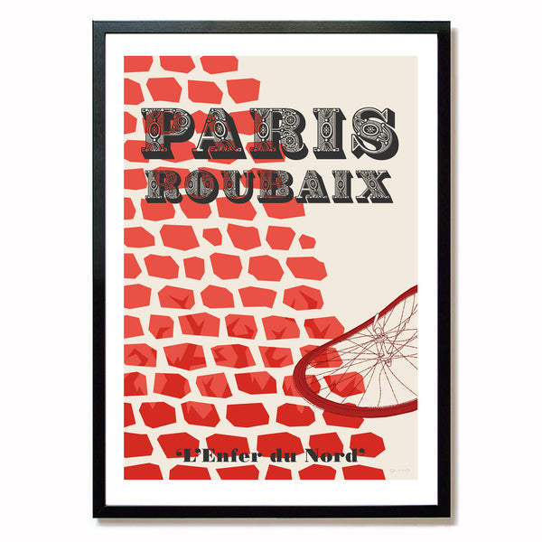 Paris-Roubaix Cycling Art Print Framed on Wall