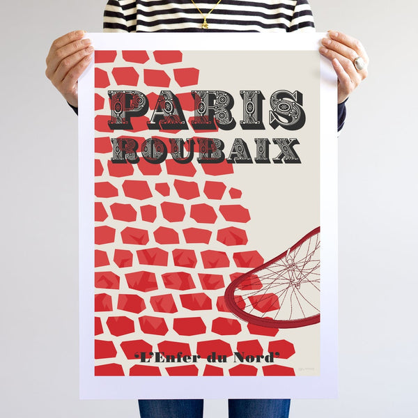 Paris Roubaix Cycling Monuments Print, A2. Hand-Held and Unframed