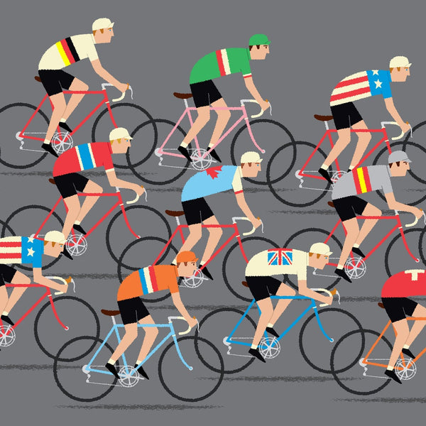 Detail of peloton cycling poster featuring riders in national team jerseys.