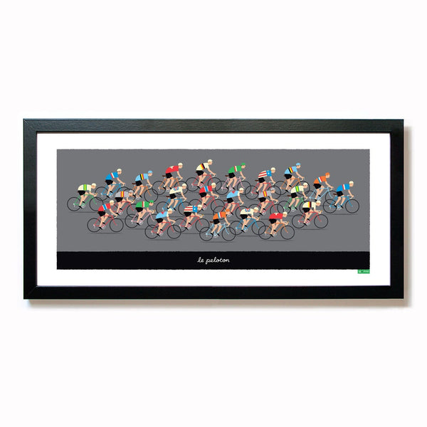 Peloton cycling poster featuring a group of riders in national team jerseys. Size: 50 x 23 cm, shown in a black frame