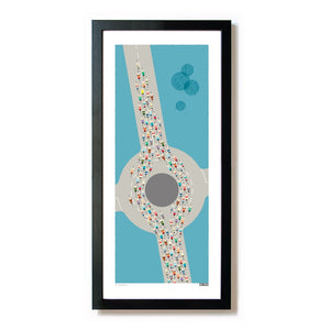 Framed Peloton Roundabout cycling print, in mid century blue. Size: 23 x 50 cm.