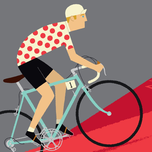 Detail of King of the Mountains personalised cycling print, showing celeste bike colour option