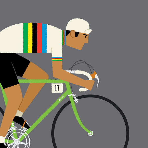 Personalised Rainbow Jersey cycling print detail, showing tan skin tone and green bike colour options