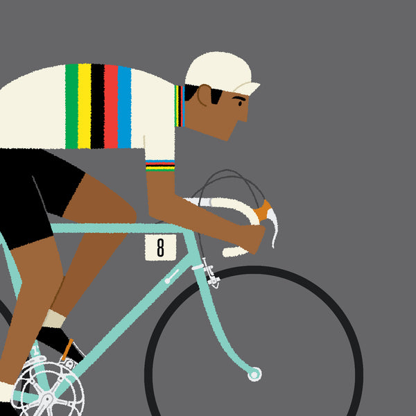 Personalised Rainbow Jersey cycling print detail, showing dark skin tone and celeste bike colour options