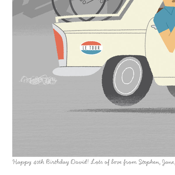 Detail from personalised cycling print, 'Time Trial' with optional personalised message at the bottom of the print