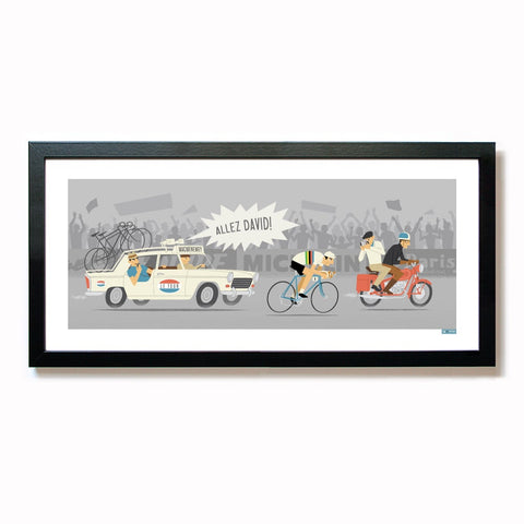 Personalised cycling print, 'Time Trial' with rainbow jersey option. Size: 50 x 23 cm, shown in a black frame. 