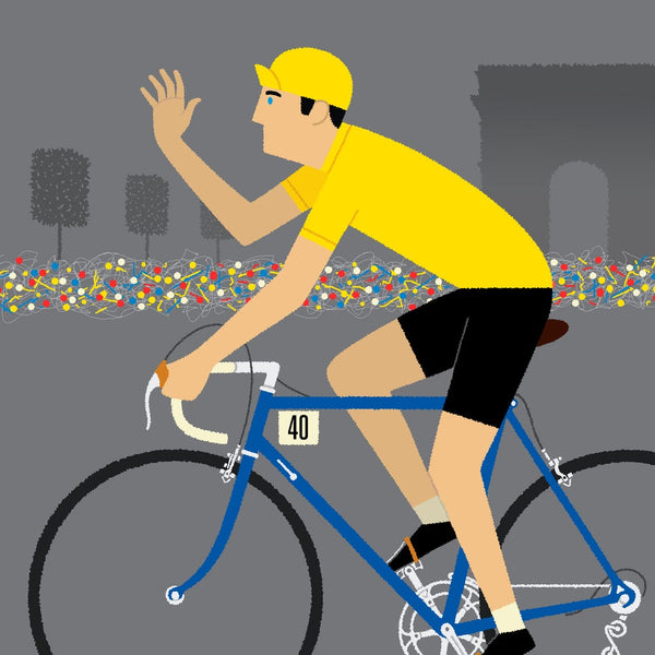 Close up detail of 'Personalised Cycling Print, Yellow Jersey' with dark blue bike option