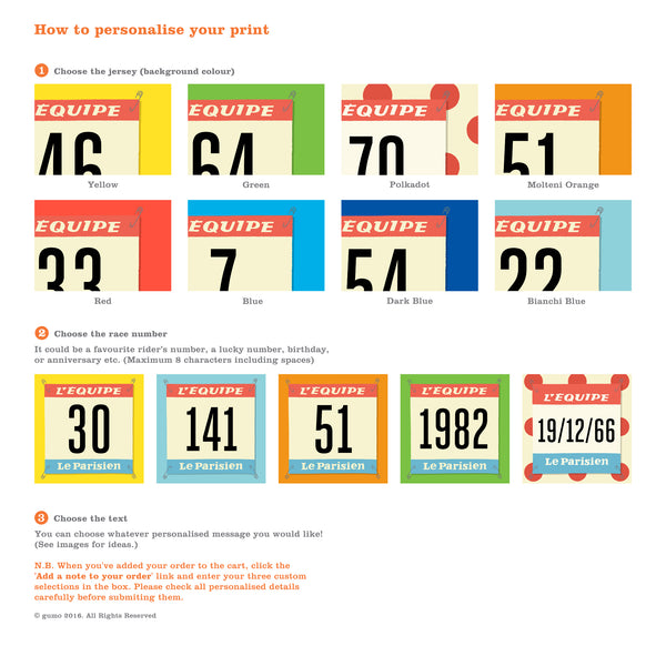 Info graphic illustrating options for personalised cycling print, 'Race Number'