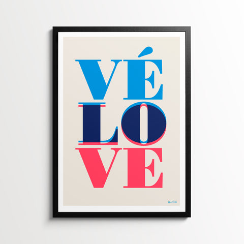 Velo Love Cycling Art Print, shown in a black frame