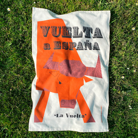 Cycling Grand Tour natural cotton tea towel, Vuelta a Espana, photographed on grass
