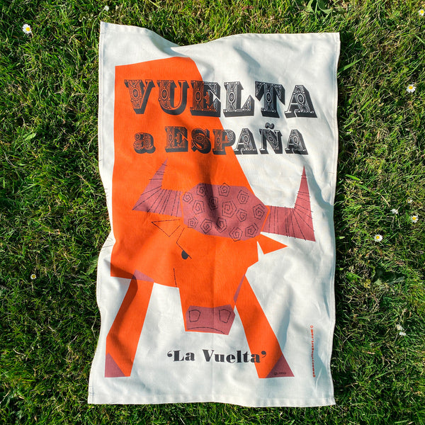Cycling Grand Tour natural cotton tea towel, Vuelta a Espana, on grass