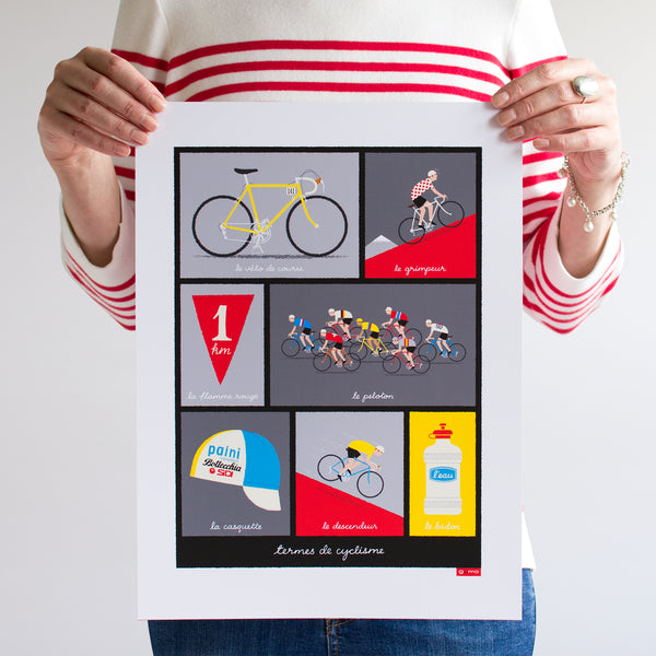 French Cycling Terms Print, red design, size: 30 x 40 cm unframed