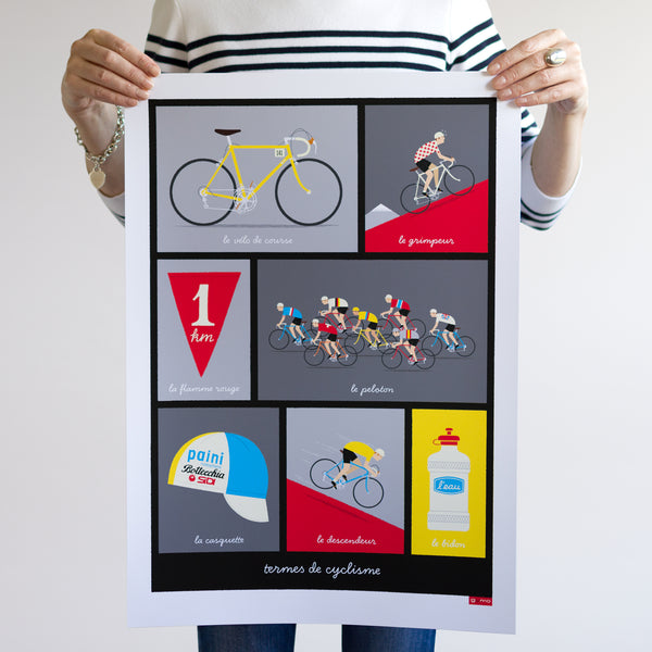 French Cycling Terms Poster, red design, size: A2 unframed