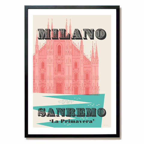 Milan-Sanremo, monuments cycling print, in a black frame