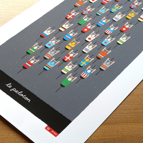 Peloton cycling print, close up detail showing riders national team jerseys. Size: 23 x 50 cm unframed